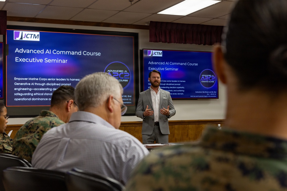 An instructor leads an AI training session while students sit facing screens labeled Advanced AI Command Course.